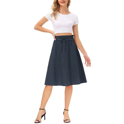 Summer Knee Length Boho Skirt Women Drawstring Ruffled High Waist Lace Up Solid Color A-Line Skirt Pockets Pleated Skirt