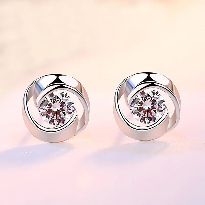 Genuine 925 Sterling Silver Woman's High Quality Fashion Jewelry Spiral Crystal Stud Earrings XY0227