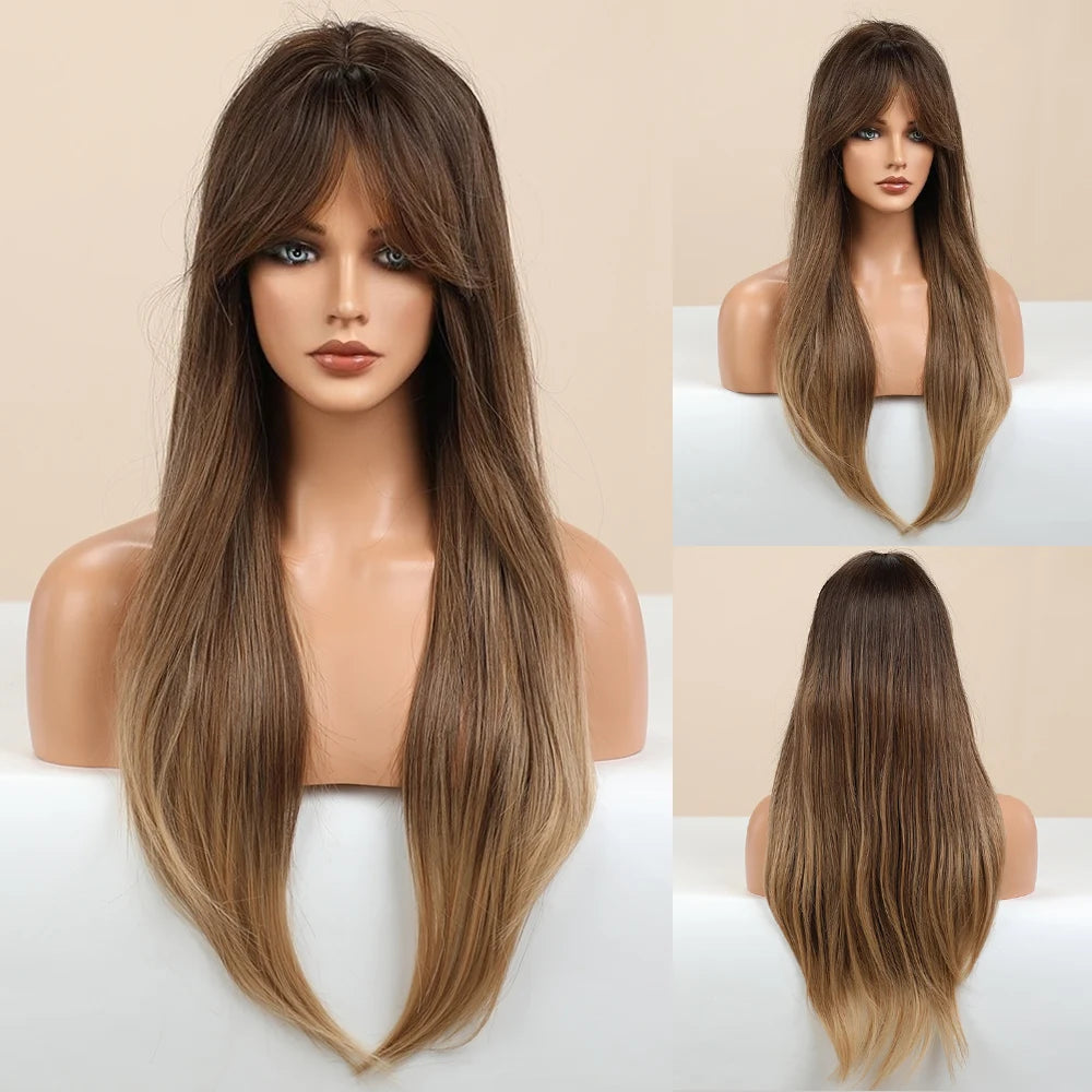 Element Medium Length Synthetic Straight Natural Brown Wigs with Side Bangs Heat Resistant Party Wigs for White/Black Women