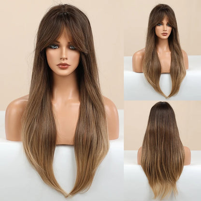 Element Medium Length Synthetic Straight Natural Brown Wigs with Side Bangs Heat Resistant Party Wigs for White/Black Women