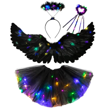 Light up angel costume for girls featuring illuminated wings, a tutu, and a floral headband