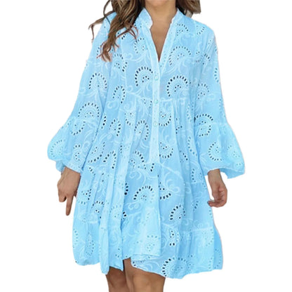 Plus Size S-5XL Hollow Out Dresses for Women Summer Elegant Solid Embroidered Lace Dress Loose Holiday Beach Mini Dress White