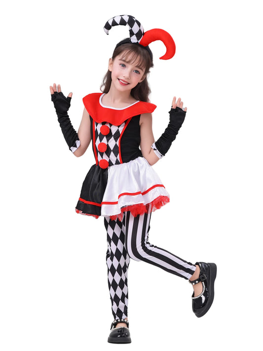 EtherealBe girls jester clown costume featuring a colorful dress and striped leggings