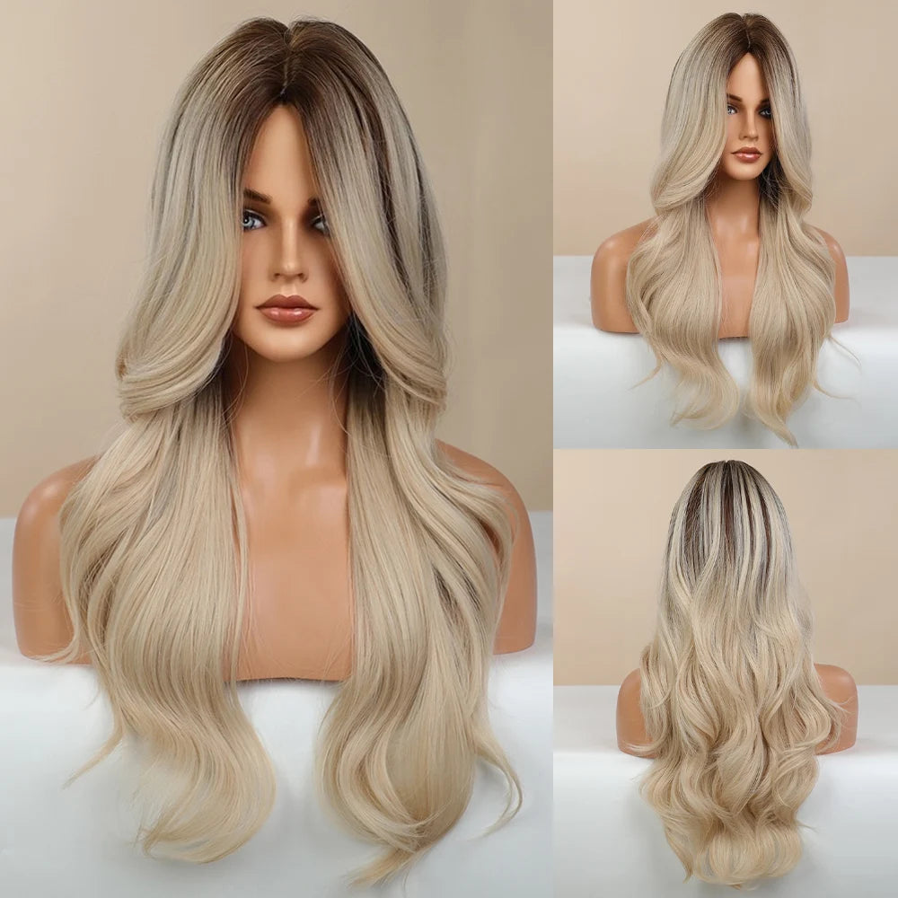 Element Medium Length Synthetic Straight Natural Brown Wigs with Side Bangs Heat Resistant Party Wigs for White/Black Women