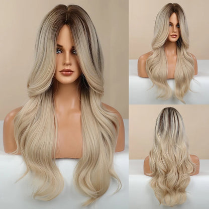 Element Medium Length Synthetic Straight Natural Brown Wigs with Side Bangs Heat Resistant Party Wigs for White/Black Women