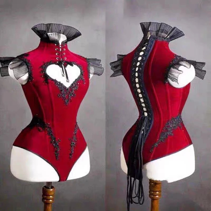 Wine Red Heart Cutout Strap Bodysuit Vintage Sexy High Neck Women Birthday Party Outfit Nightclub Bar Stage Performance Leotard