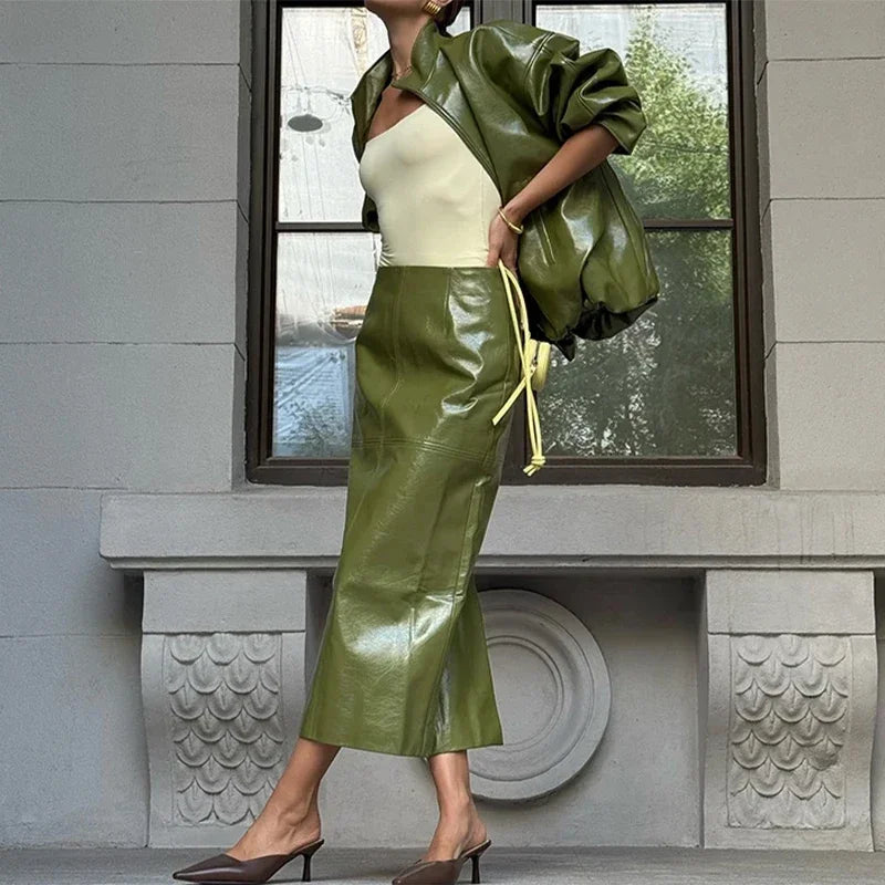 Leather Fashion Jacket Skirt Sets Women Zipper Loose Street Stand Collar Coats Straight Midi Skirts Suits 2025 Autumn Party Chic