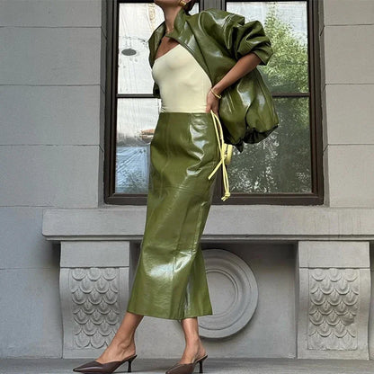 Leather Fashion Jacket Skirt Sets Women Zipper Loose Street Stand Collar Coats Straight Midi Skirts Suits 2025 Autumn Party Chic