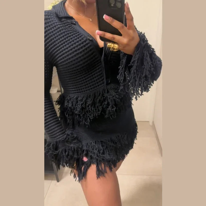 Sexy Knitted Tassel Top Skirt Women Set Dark Blue Long Sleeve Lapel Button Tops Pleated Mini Skirts 2025 Fashion Solid Lady Suit