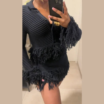 Sexy Knitted Tassel Top Skirt Women Set Dark Blue Long Sleeve Lapel Button Tops Pleated Mini Skirts 2025 Fashion Solid Lady Suit