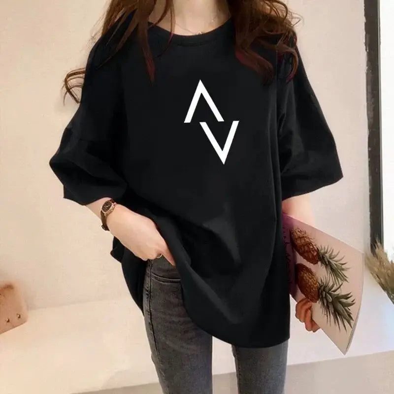 Summer Short Sleeve Crew Neck Women's Pullover Geometric Solid Color T-shirt Midi Casual Loose Comfortable All-match Tops