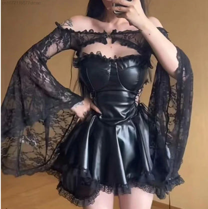 EtherealBe gothic black party dress for women with lace sleeves and a fitted bodice