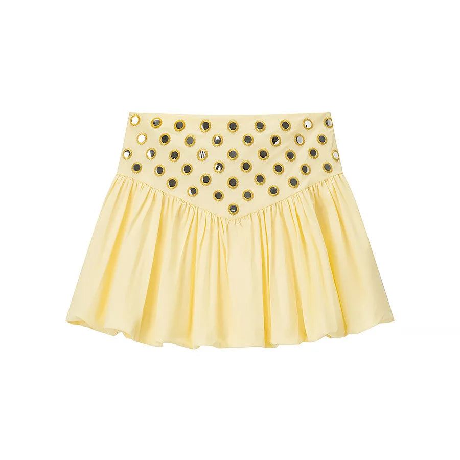 Women's Metal Hollow Pleated Suspender Skirt Two Piece Set Sexy Sleeveless Vest High Waist Mini Skirt Lady Vacation Dress Sets