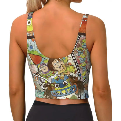 Colorful Toy Story Jessie sports bra featuring iconic characters and a fun design for athletic wear