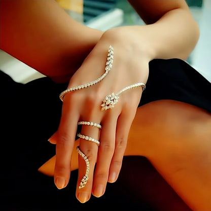 Luxury Designer Palm Bracelet Ring Set Boho Wedding Hand Decoration Elegant Finger Chain Zircon Bangle Jewelry Bridal Handmade