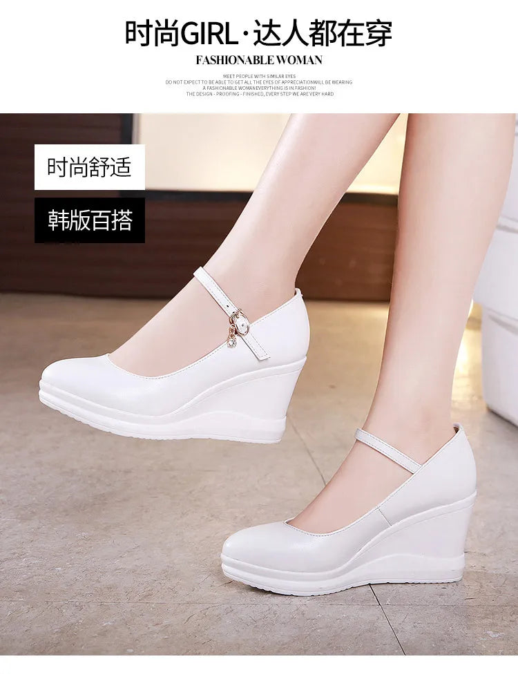 high quality leather shoe for women 7cm wedge high heel platform round toe 32 33 42 43 elegant and fashion shoe white red black