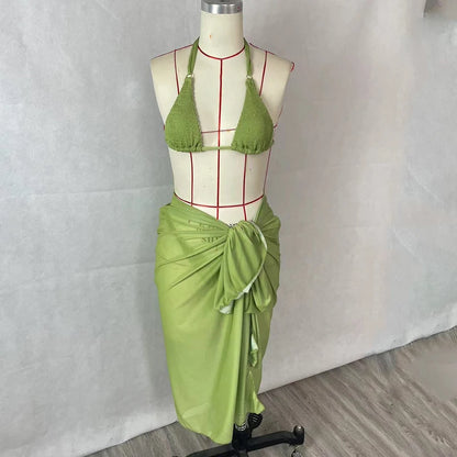 BEACHCICI Women's Bikini Three Piece Sexy Solid Halterneck Hollow Out Lace Up Mesh Cloth Tie Up Slim Beach Holiday Swimsuit