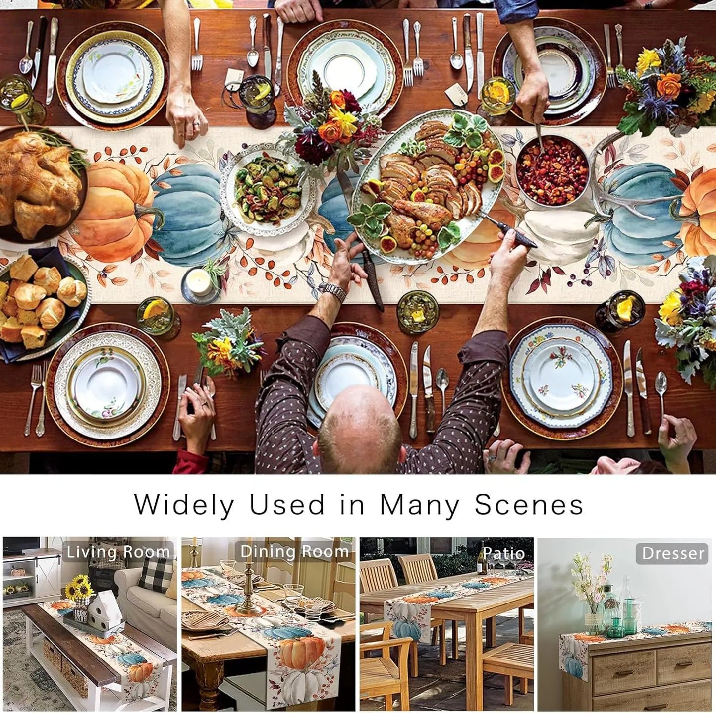 Fall Thanksgiving Colorful Pumpkins Eucalyptus Leaves Linen Table Runners Autumn Dresser Scarf Holiday Wedding Party Table Decor