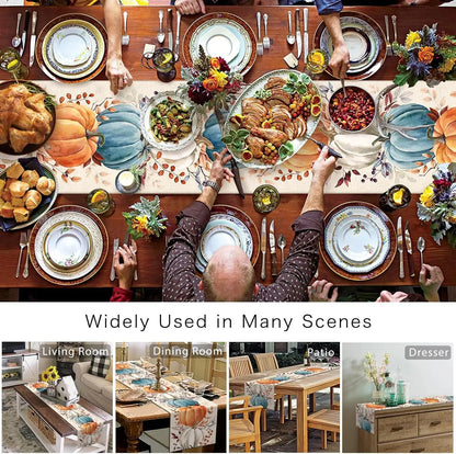 Fall Thanksgiving Colorful Pumpkins Eucalyptus Leaves Linen Table Runners Autumn Dresser Scarf Holiday Wedding Party Table Decor