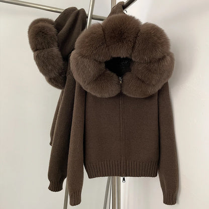 Coat Women Cardigan Natural Fox Fur Coat Women Real Mongolian Fur Knitwear Female Spring Autumn Hooded Knitted Fur Jacket