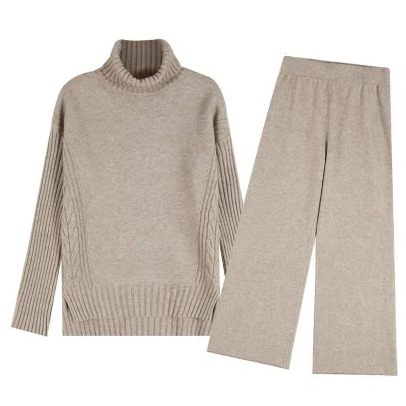 Autumn Winter 2 Pieces Women Sets Knitted Tracksuit 2025 New Turtleneck Sweater and Wide Leg Jogging Pant Pullover Suits