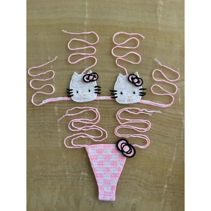 Sanrio Crochet Bikini Set Cute Girls Swimsuits Hello Kitty Sexy Bathing Suit Micro Ties Bikinis Beachwear Women Swimming Suit