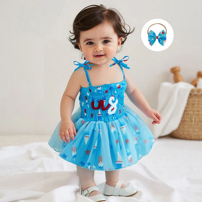 Infant Girls Patriotic Romper Dress with Sleeveless Design Embroidered Letters and Matching Headband for Independence Day