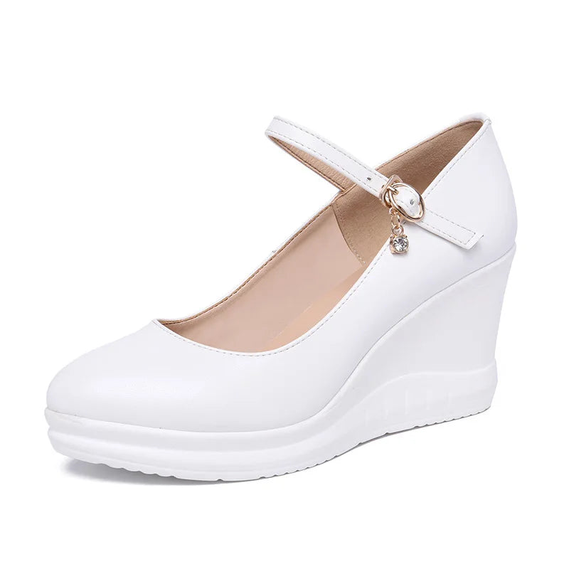high quality leather shoe for women 7cm wedge high heel platform round toe 32 33 42 43 elegant and fashion shoe white red black