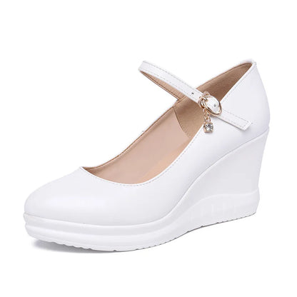 high quality leather shoe for women 7cm wedge high heel platform round toe 32 33 42 43 elegant and fashion shoe white red black