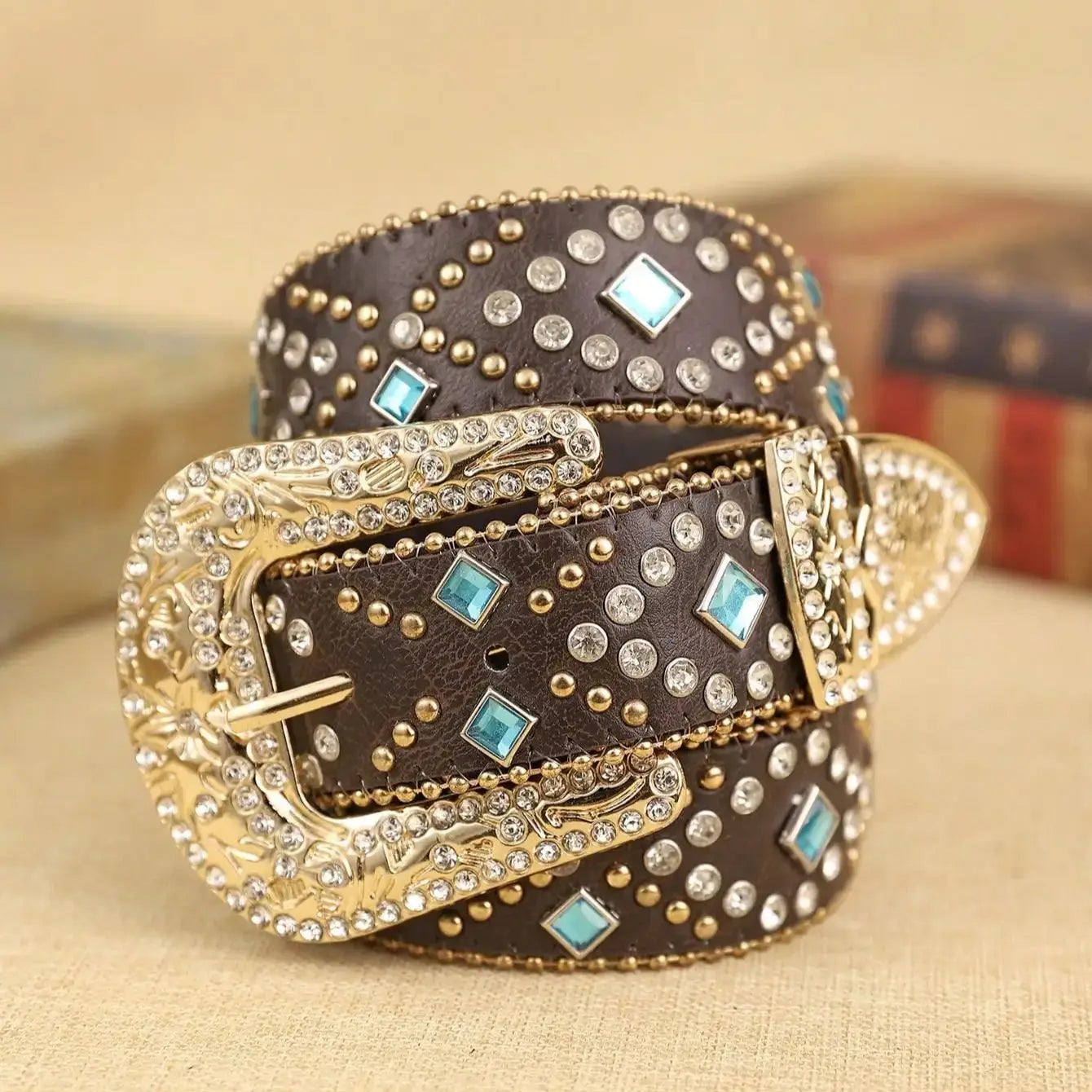 1 Piece Brown Ladies PU Chain Diamond Sapphire Blue Belt Fashion Pop Bohemian Style Belt for Daily Use