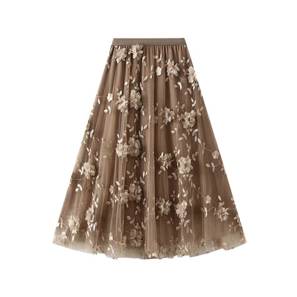 Korean Style Women's Floral Embroidered Mesh Skirt Harajuku High Waist A Line Midi Skirts Elegant Tulle Skirt Faldas Mujer