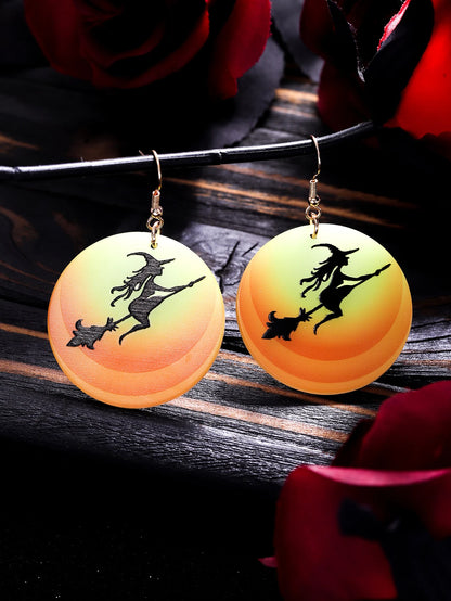 Colorful Halloween earrings for women featuring a witch and her cat on a pumpkin design