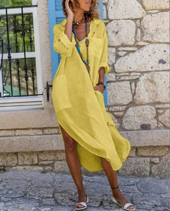 Spring/Summer Women's Fashion Solid Color Button Split Loose Shirt Dress Casual Long Sleeved Polo Collar Cotton Lined Dresses