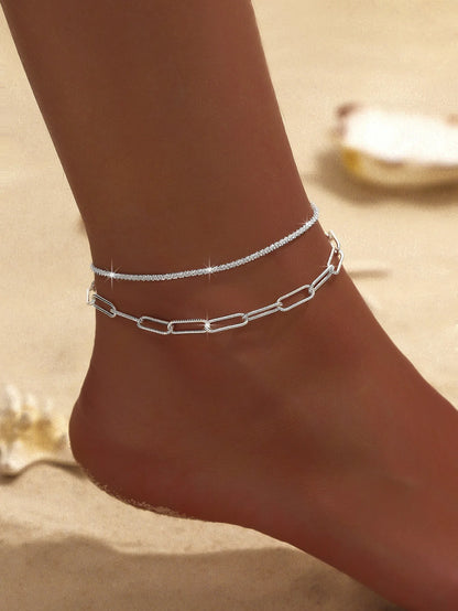 Summer Shiny Sparkling Simple Silver Color Anklet Zircon Cross Love Pearl Double Layer Bracelet On Leg Foot Trendy Beach Jewelry