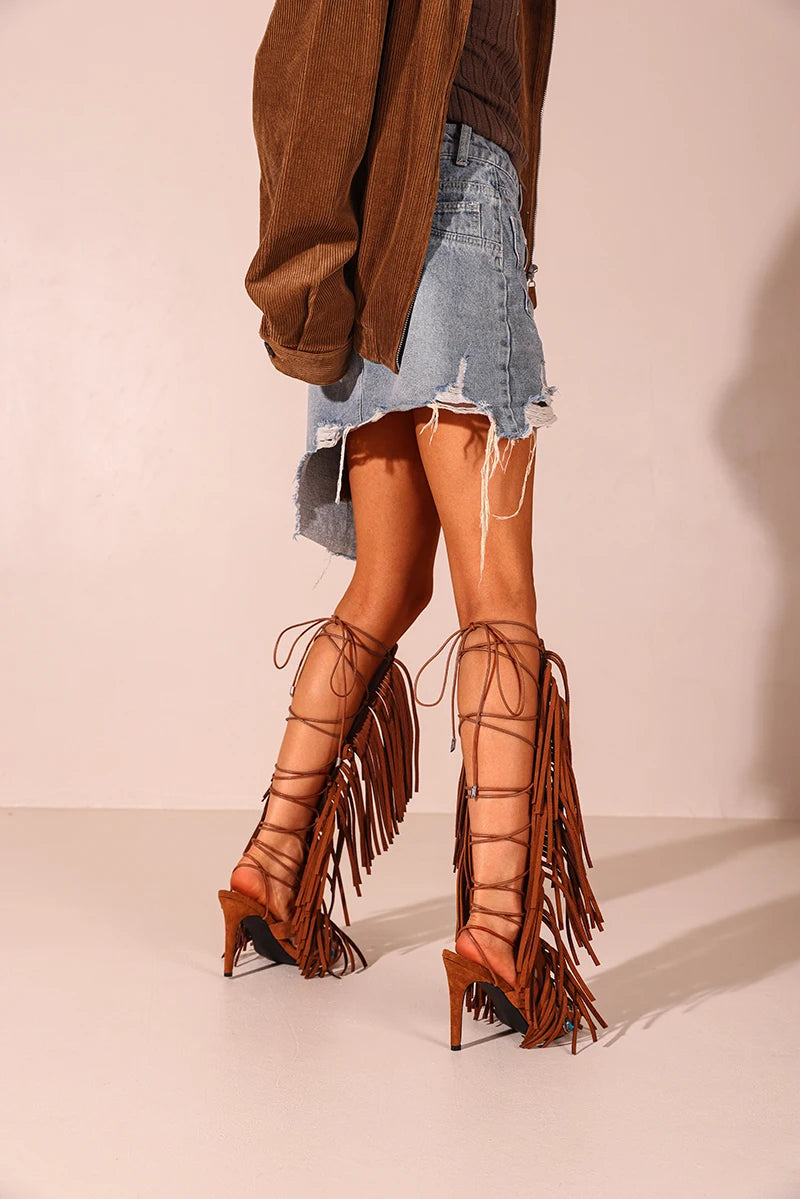 Real cow suede leather  tassels women sandals peep toe jewel lace up 10cm high heels