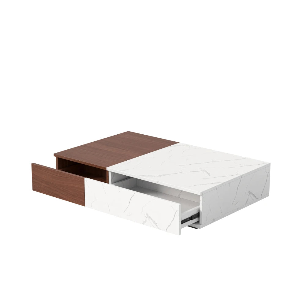 EtherealBe modern walnut coffee table with a sleek design and smooth marble top for contemporary living spaces