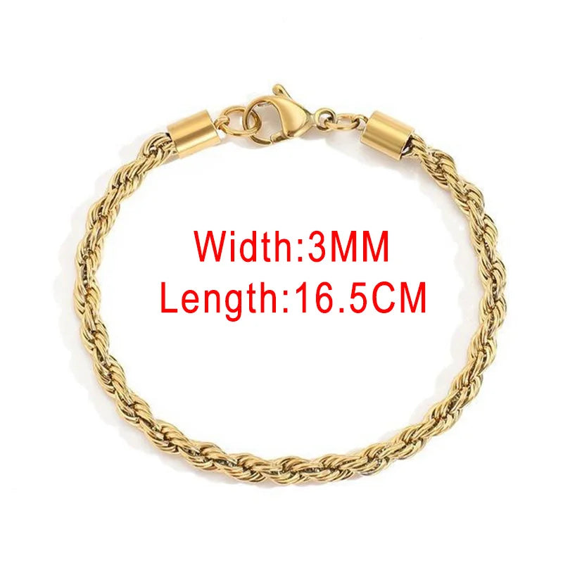 Stainless Steel Rope Chain Bracelets on Hand 3/4MM Gold Color Chic Women's Bracelet Minimalist Fashion Hip Hop Jewelry Gift C048