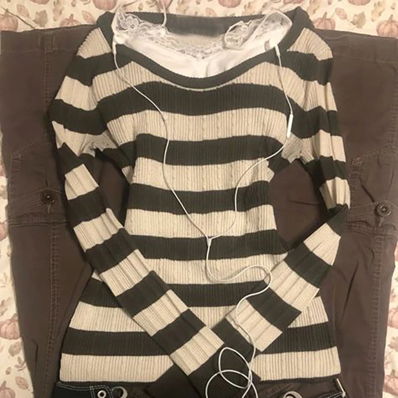 NEW Fall Winter Sweater Casual Slim Fit Chic Solid Color Ribbon Decoration One-shoulder Pullover Y2K Harajuku Womens Streetwear