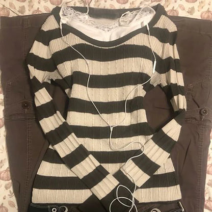 NEW Fall Winter Sweater Casual Slim Fit Chic Solid Color Ribbon Decoration One-shoulder Pullover Y2K Harajuku Womens Streetwear