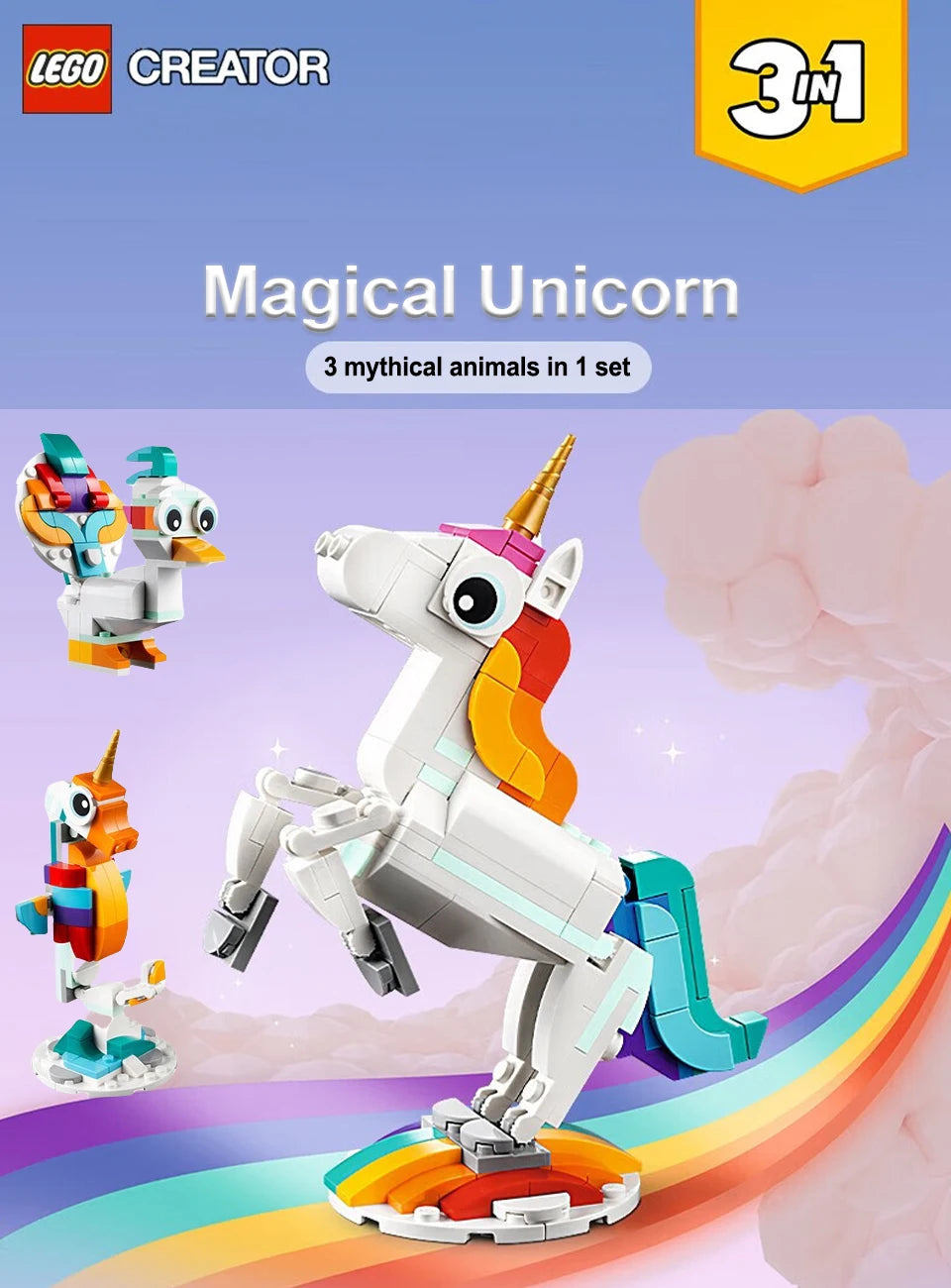 Lego 31140 Creator 3 in 1 Magical Unicorn Toy, Transforms from Unicorn to Seahorse to Peacock, Rainbow Animal Figures  145 PCS