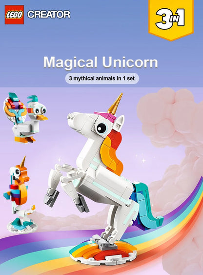 Lego 31140 Creator 3 in 1 Magical Unicorn Toy, Transforms from Unicorn to Seahorse to Peacock, Rainbow Animal Figures  145 PCS