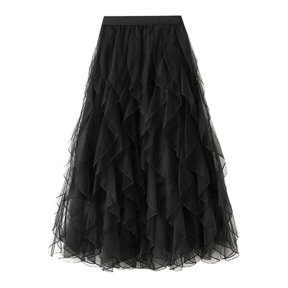 Autumn New Wave Pattern Fairy Mesh Ruffle Skirt High Waist A-Line Large Swing Long Skirt Women'S Half Body Skirt Ropa Para Mujer