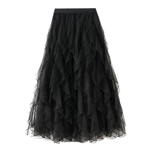 Autumn New Wave Pattern Fairy Mesh Ruffle Skirt High Waist A-Line Large Swing Long Skirt Women'S Half Body Skirt Ropa Para Mujer