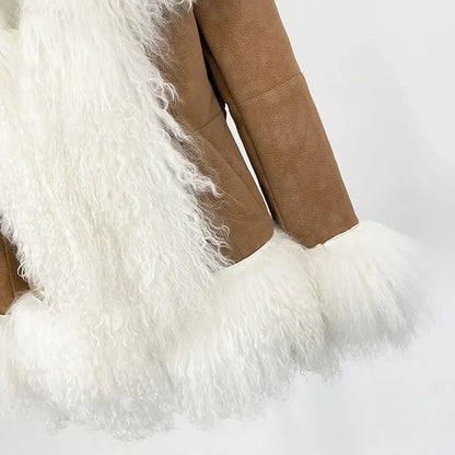Autumn Winter Women Coat Real Natural Mongolia Sheep Fur Turn-down Collar New Fashion Jacket Thick Warm Casual Overwear