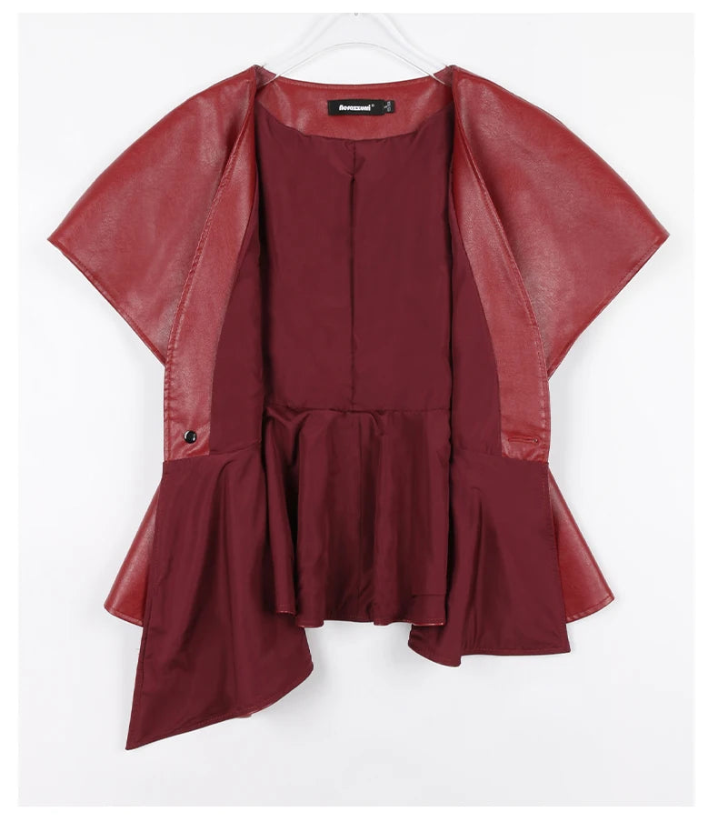 Nerazzurri Spring Short Red Faux Leather Vest Women Belt Runway Fashion Elegant Luxury Designer Clothes Sleeveless Jacket 2022
