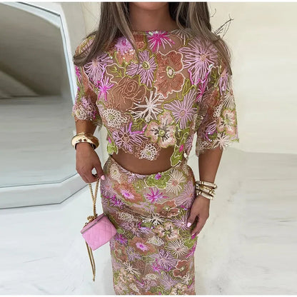 See Through Print Tank Top Women Set Urban Hollow Out O-neck Top Hip Package Skirts 2025 Summer Holidays Beach Lady Outfit