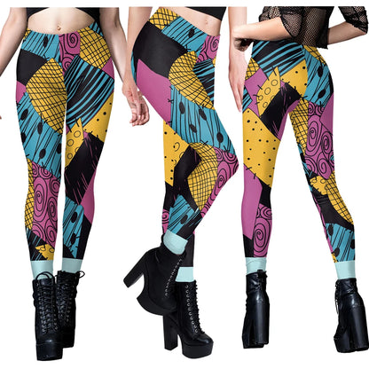 Unique patterned leggings inspired by Nightmare Before Christmas Sally cosplay costume for vibrant style.