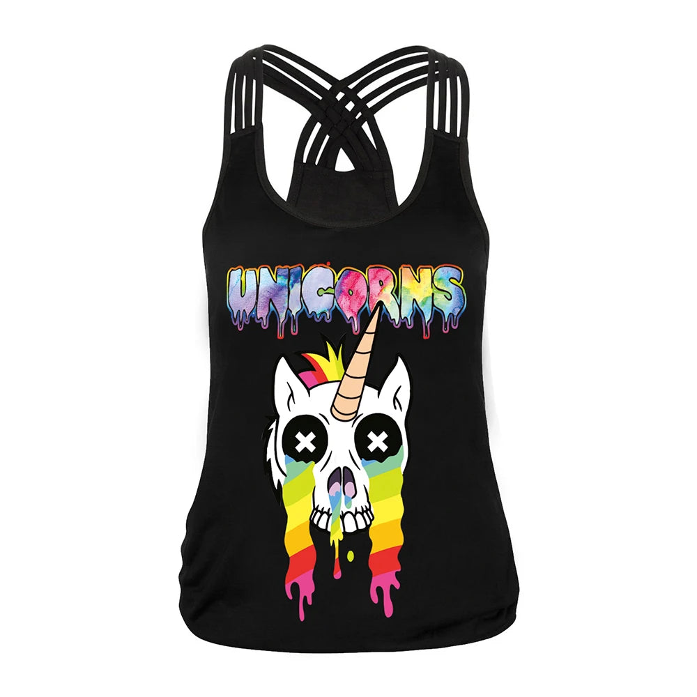 EtherealBe Halloween graphic workout tank tops for women with colorful unicorn design