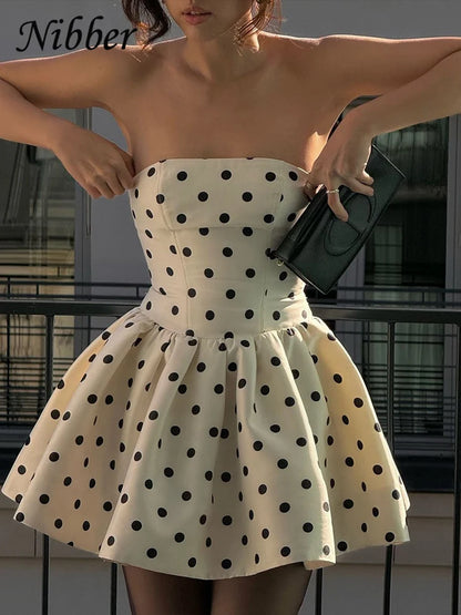 Nibber Dots Print Dress Women Chest Wrap Backless Bow Applique Ruffles Loose Hem 2025 Y2k Trend Streetwear Chic Mini Bodycon