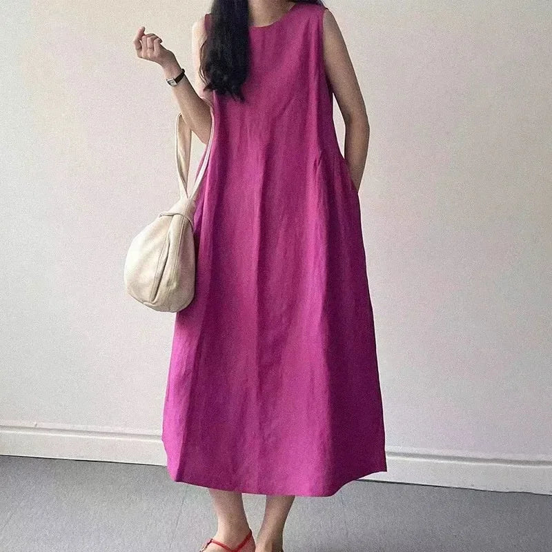Minimalist Summer Lazy Style round Neck Long Oversized Sleeveless Dress Maxi Dress Comfortable Loose Fit V-Neck Knee-Length Dres